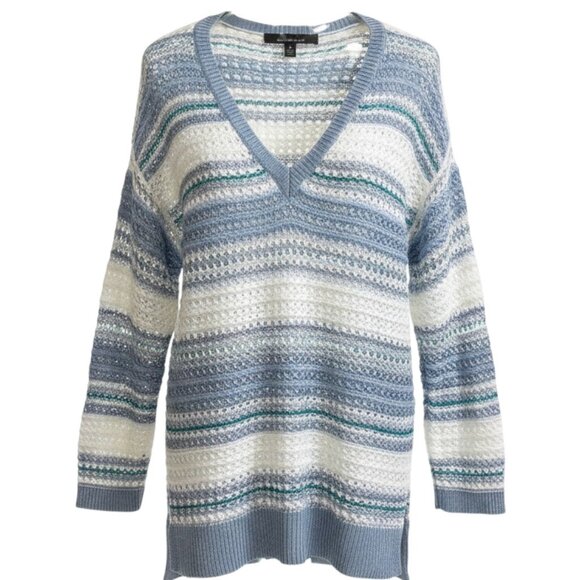 White House Black Market Striped Open Knit Sweater Blue White M Coastal Chic - Picture 9 of 9